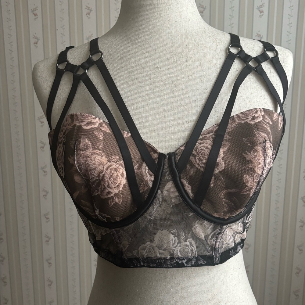 Victoria's Secret 36DD Strappy Longline Bra Sheer Floral Mesh Black Rose Harness